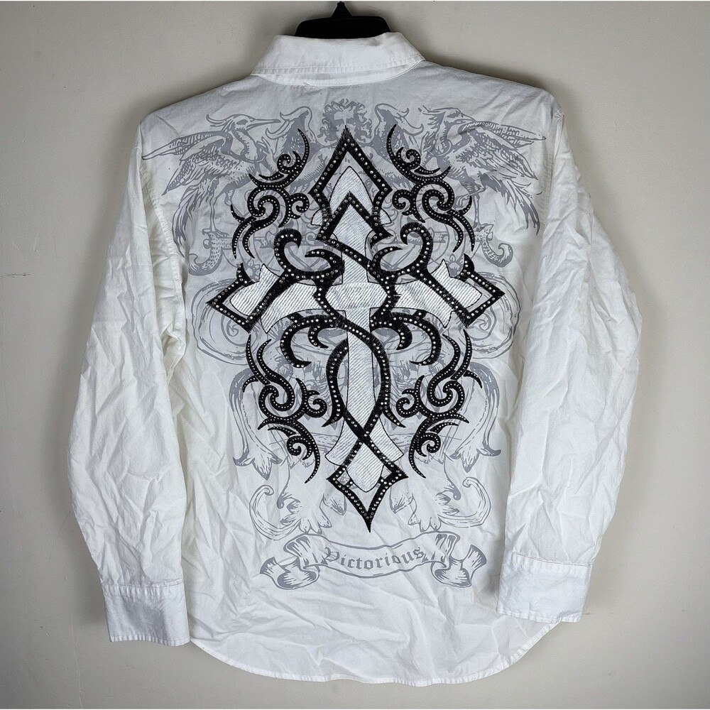 Y2K Cross Big Graphic Button Up Shirt / White / Size Large / Rhinestones